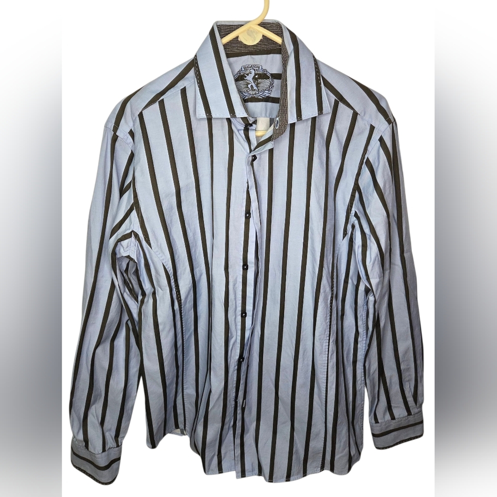 Bugatchi Uomo Blue Brown Striped Dress Shirt Size L